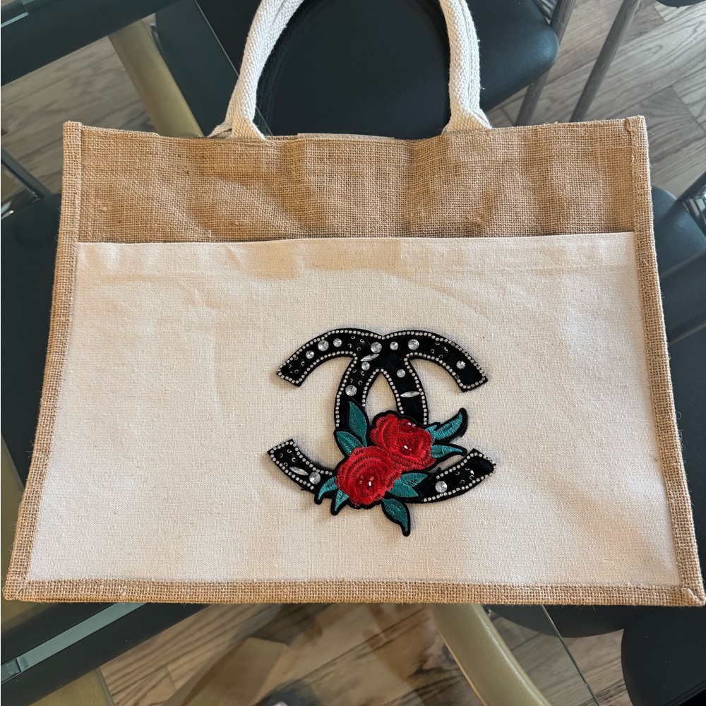 European Design Chic Canvas Beach Bag Tote with Embroidered Logo